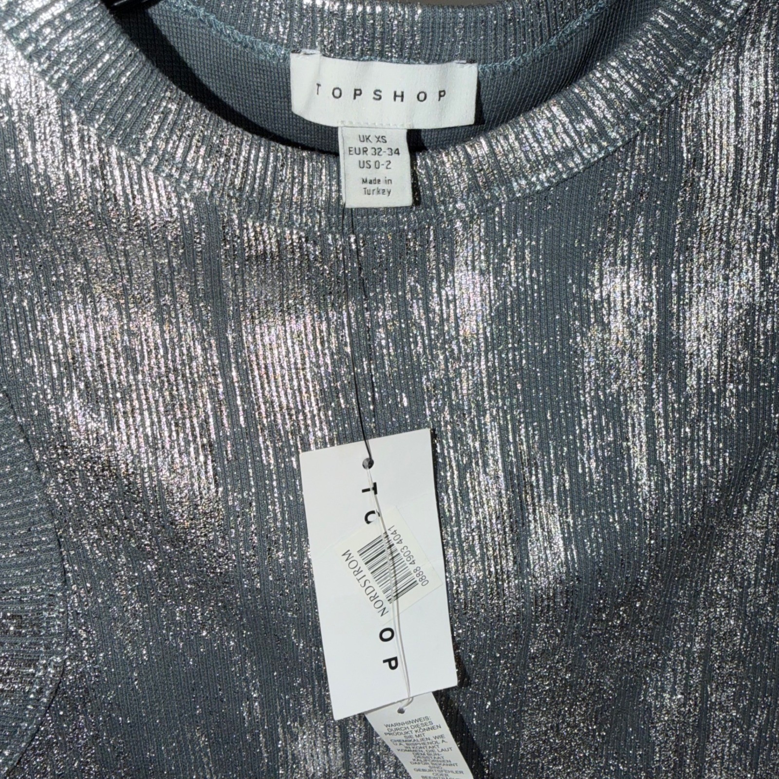 Topshop Womens Metallic Silver Foil Ribbed Knit Tank Top Crew Neck XS NWT