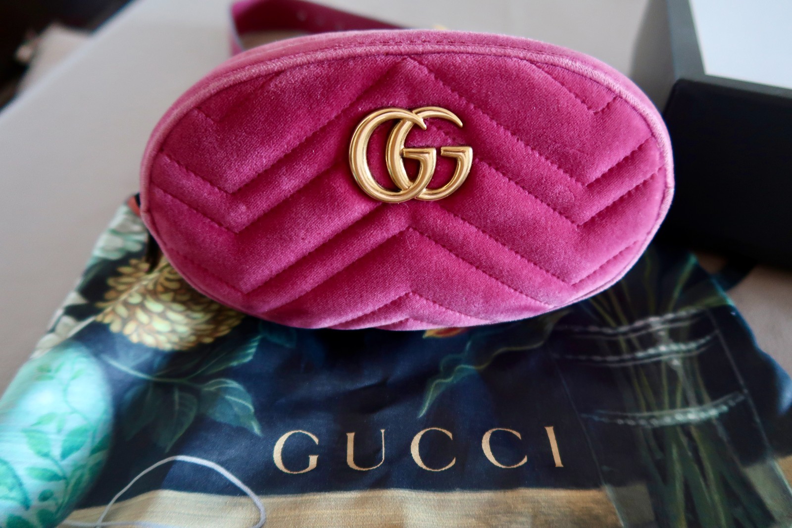 GUCCI GG Marmont Waist Belt Bag 476434 Velvet Black Pink Gold + Crossbody Strap