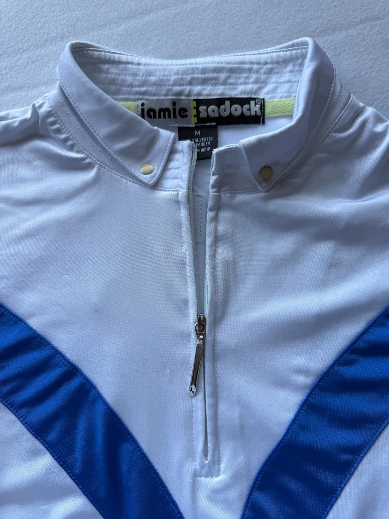 Jamie Sadock Golf Polo Women Medium White Blue Striped Quarter Zip Stretch Top
