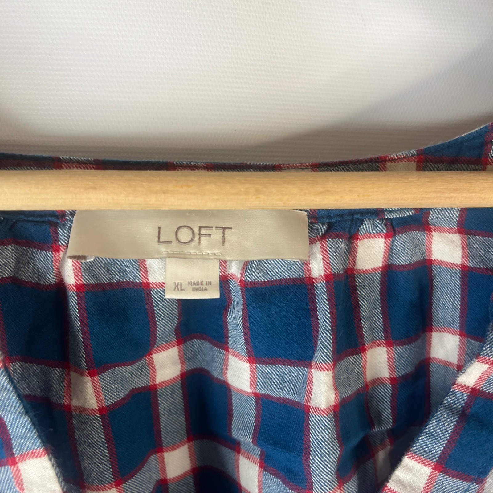 LOFT Blouse Womens XL Blue Red Plaid Peplum Drawstring Waist V-Neck Top