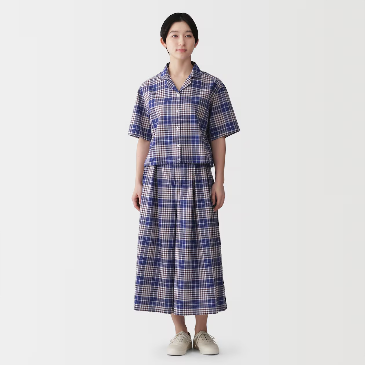 MUJI Womens 100% Organic Cotton Madras Check Cropped Shirt Blue FedEx