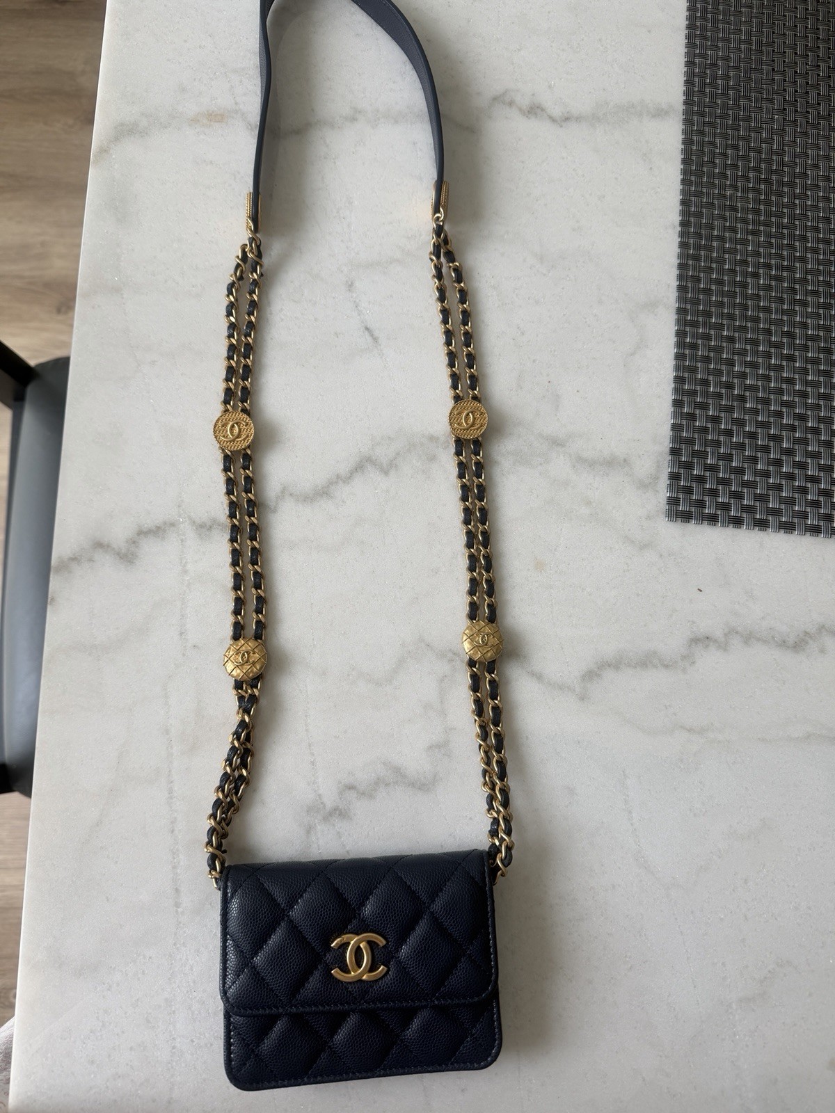 CHANEL Quilted Wallet on Chain WOC Blue Gold CC Logo Chain Strap Snap, Set