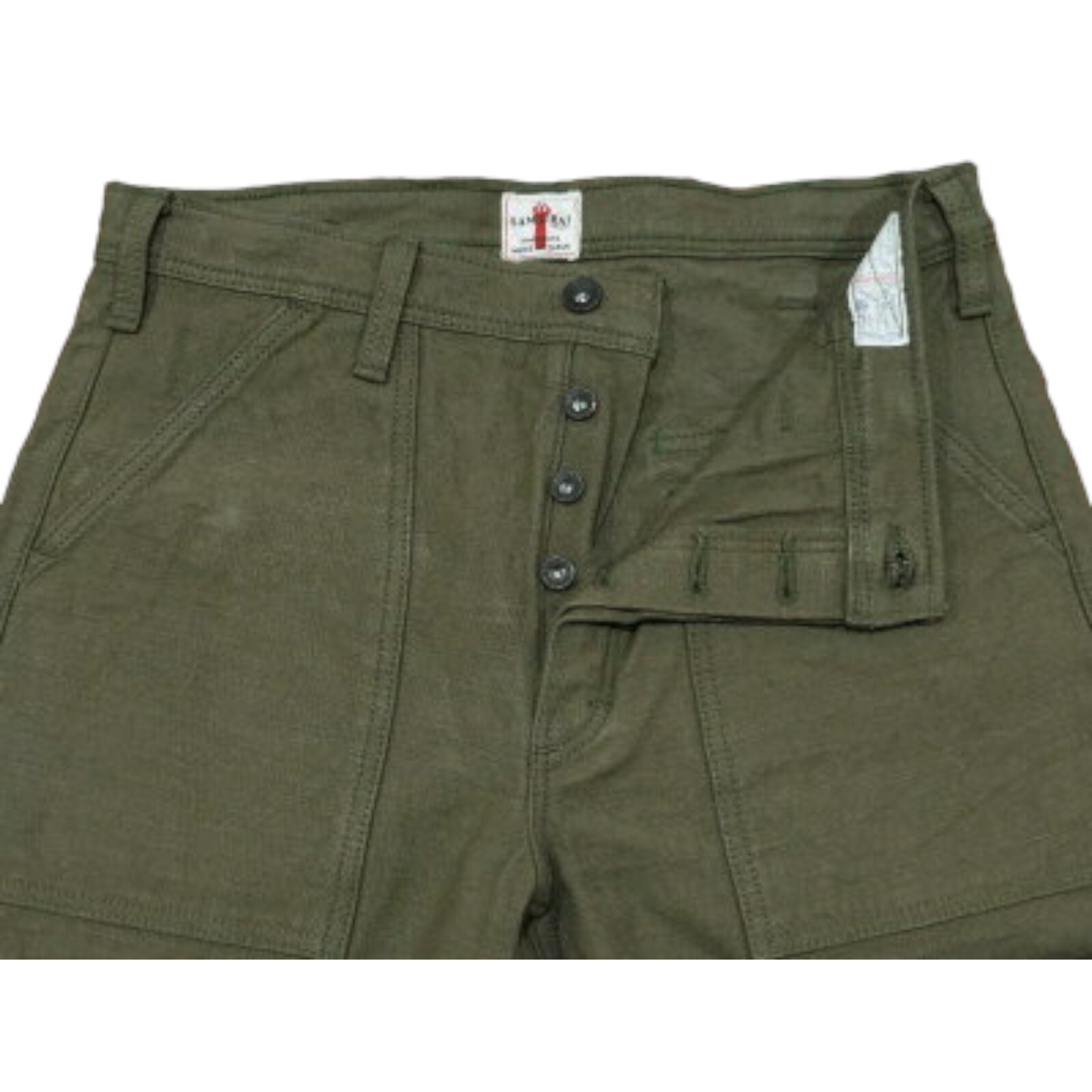 SAMURAI JEANS SJ52BP 15oz HEAVY BACK SATIN BAKER PANTS Olive One-washed