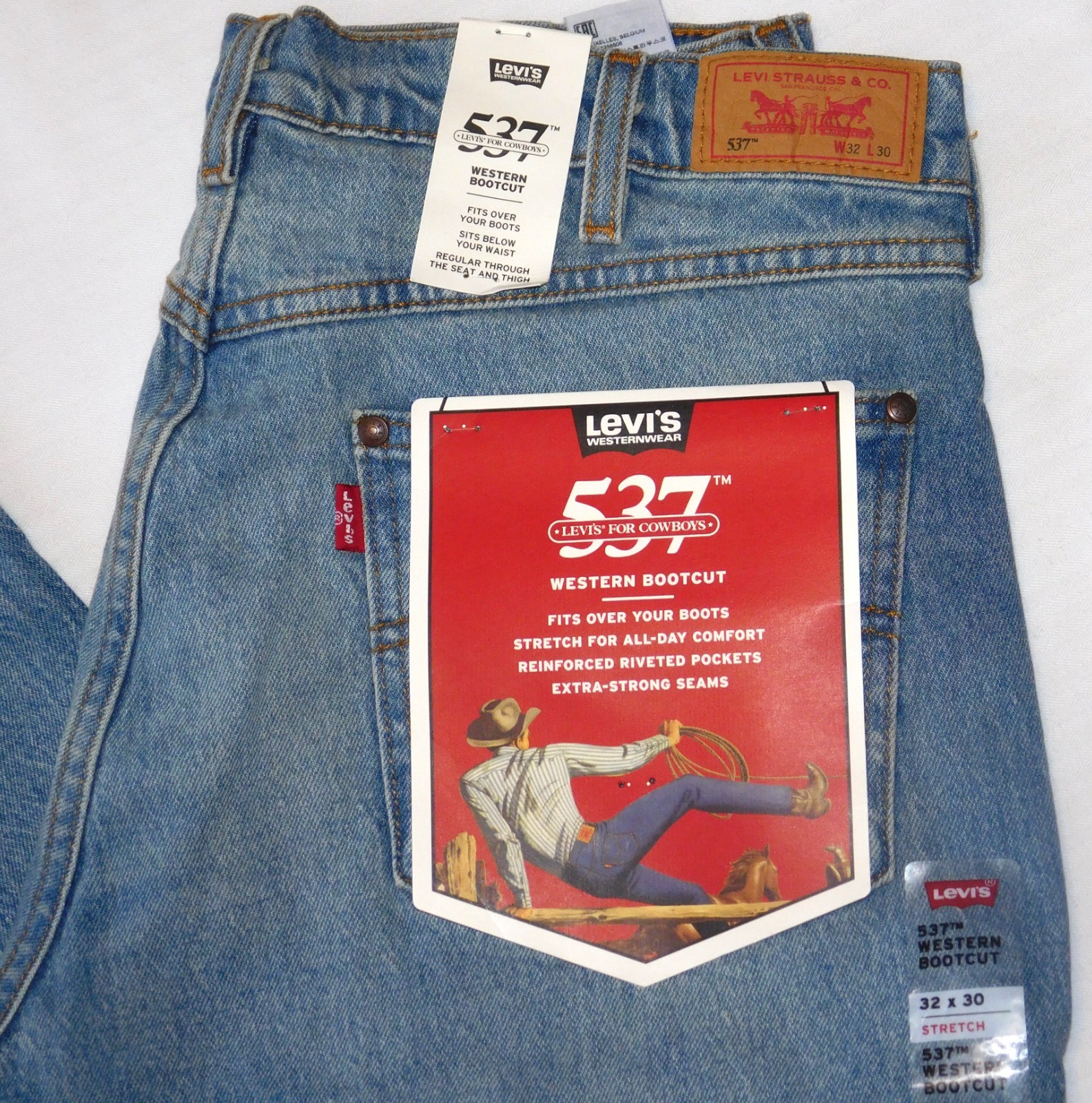 LEVIS 537 Western Bootcut Jeans Stretch Extra Strong Seams Running Early Lt Blue