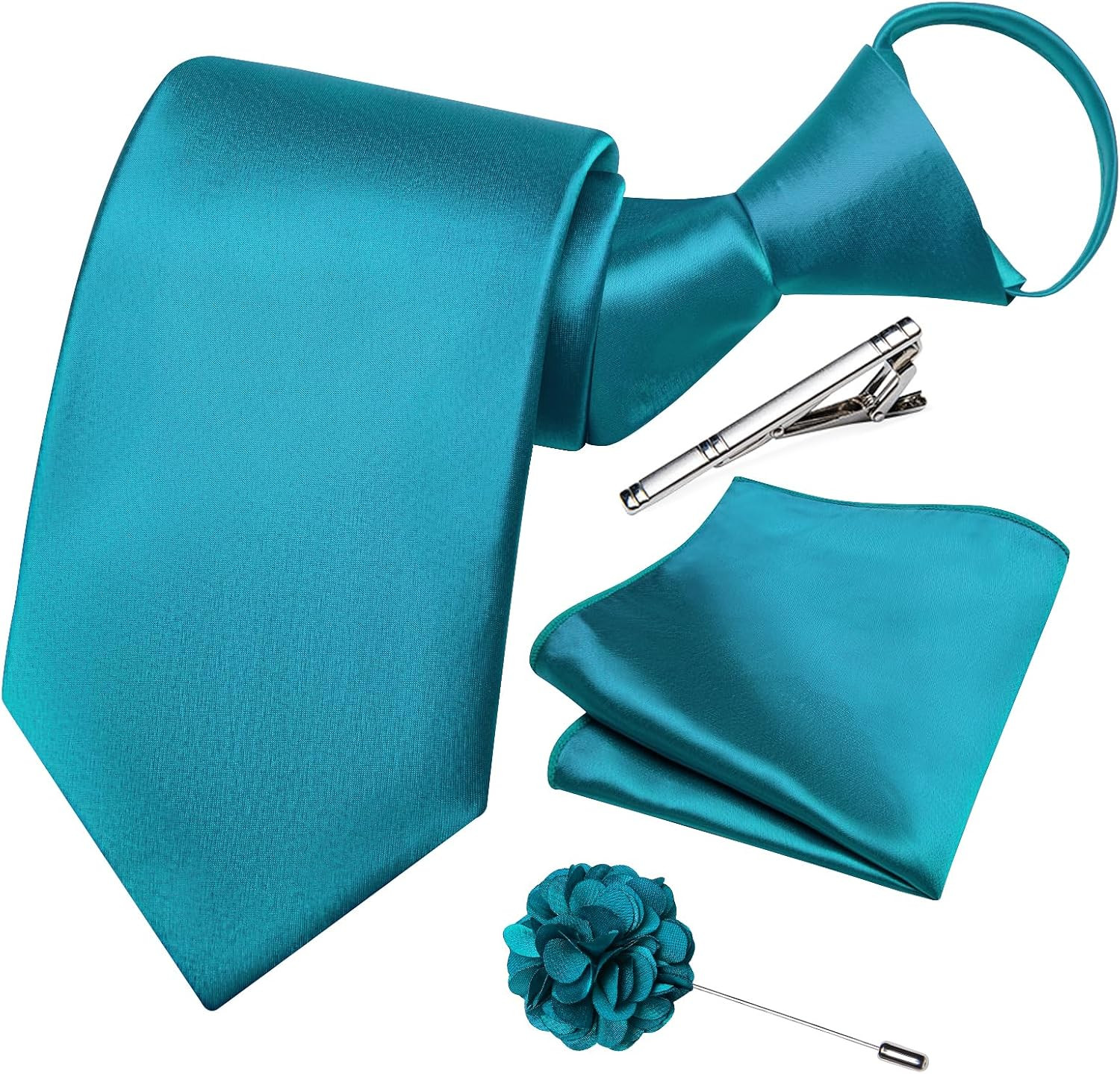 Men’S Pre-Tied Adjustable Zipper Skinny Satin Tie Set Formal Necktie with Pocket