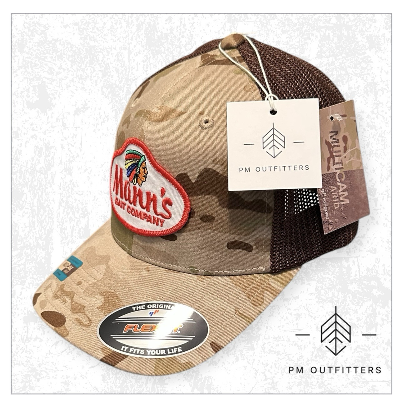 Mann’s Bait Co Trucker Hat, Retro Fishing Patch on Yupoong Flexfit Multicam