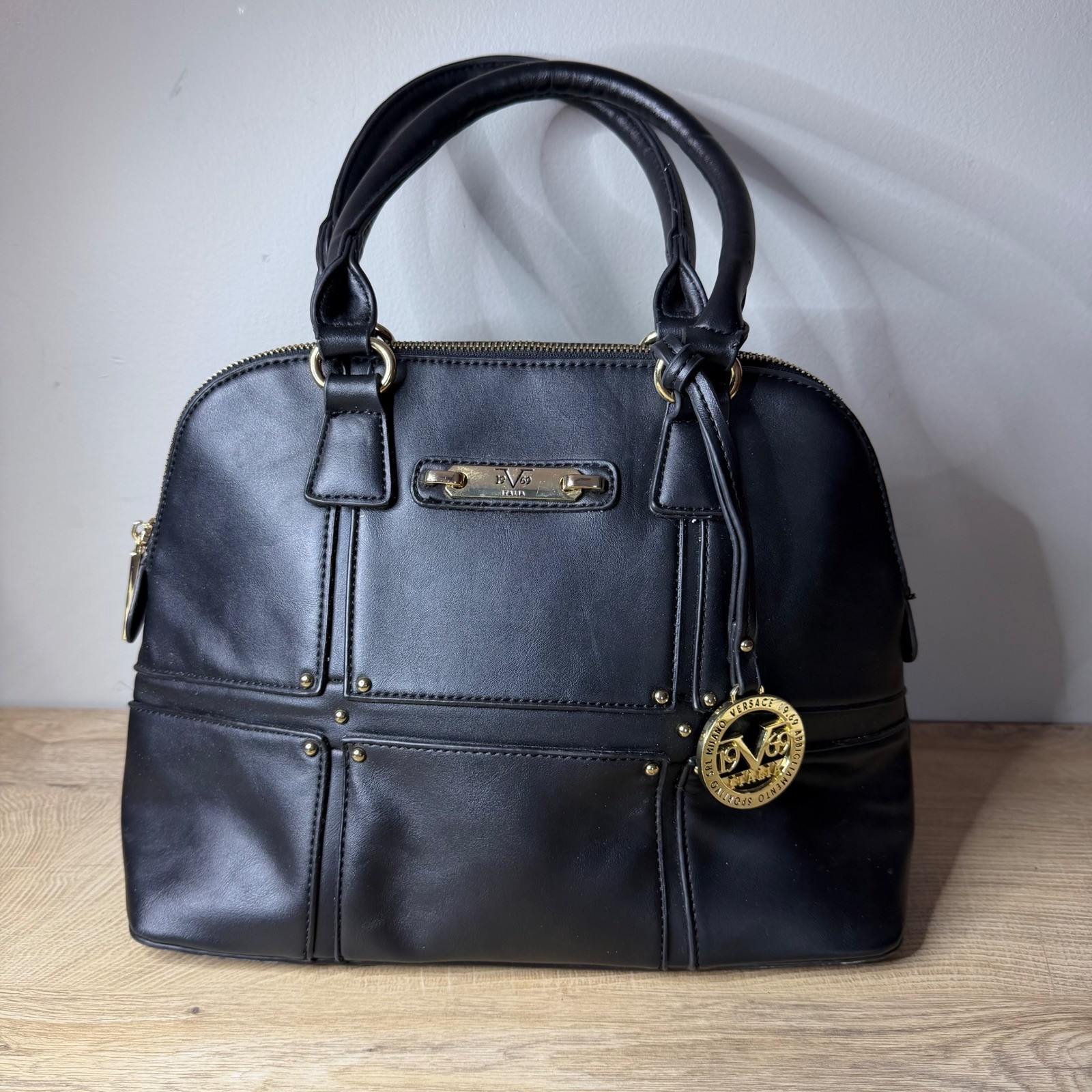 V1969 Versace Black Gold Dome Satchel Studded Logo Charm Shoulder Bag Luxury