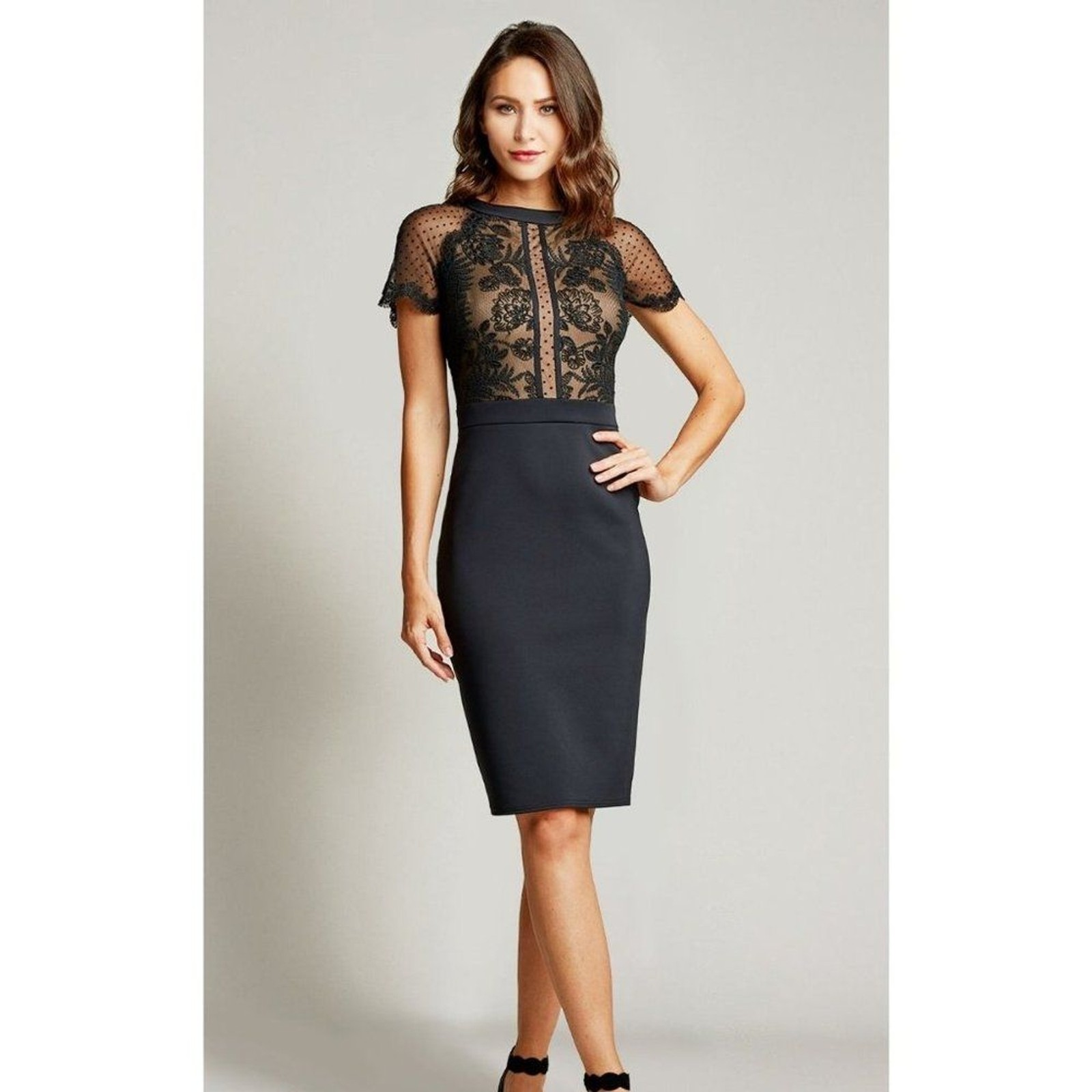 Tadashi Shoji Bridal Charisse Lace Neoprene black sheath dress short sleeve size