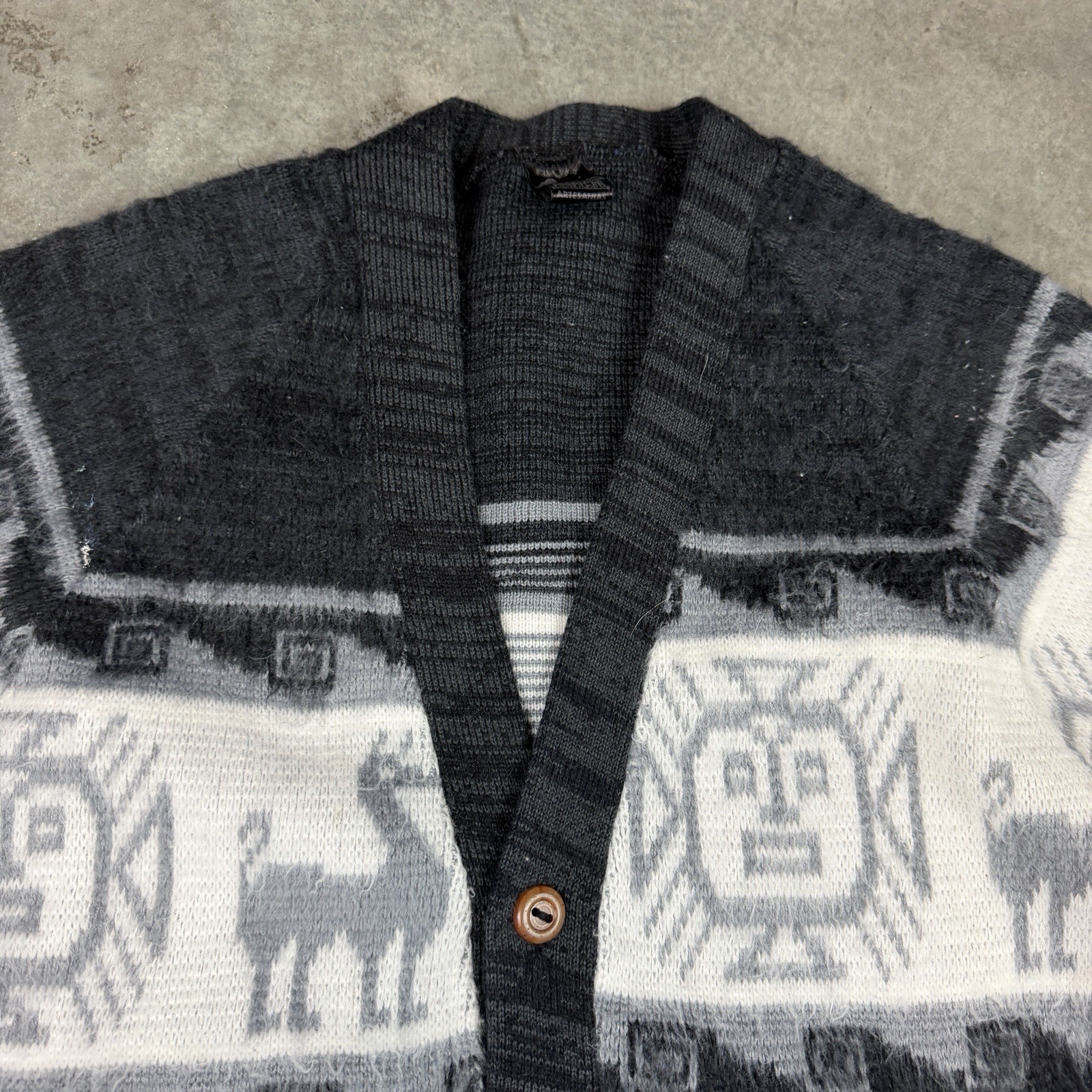 Alpaca Cardigan Mens Medium Black Vintage Button Up Long Sleeve Flaws