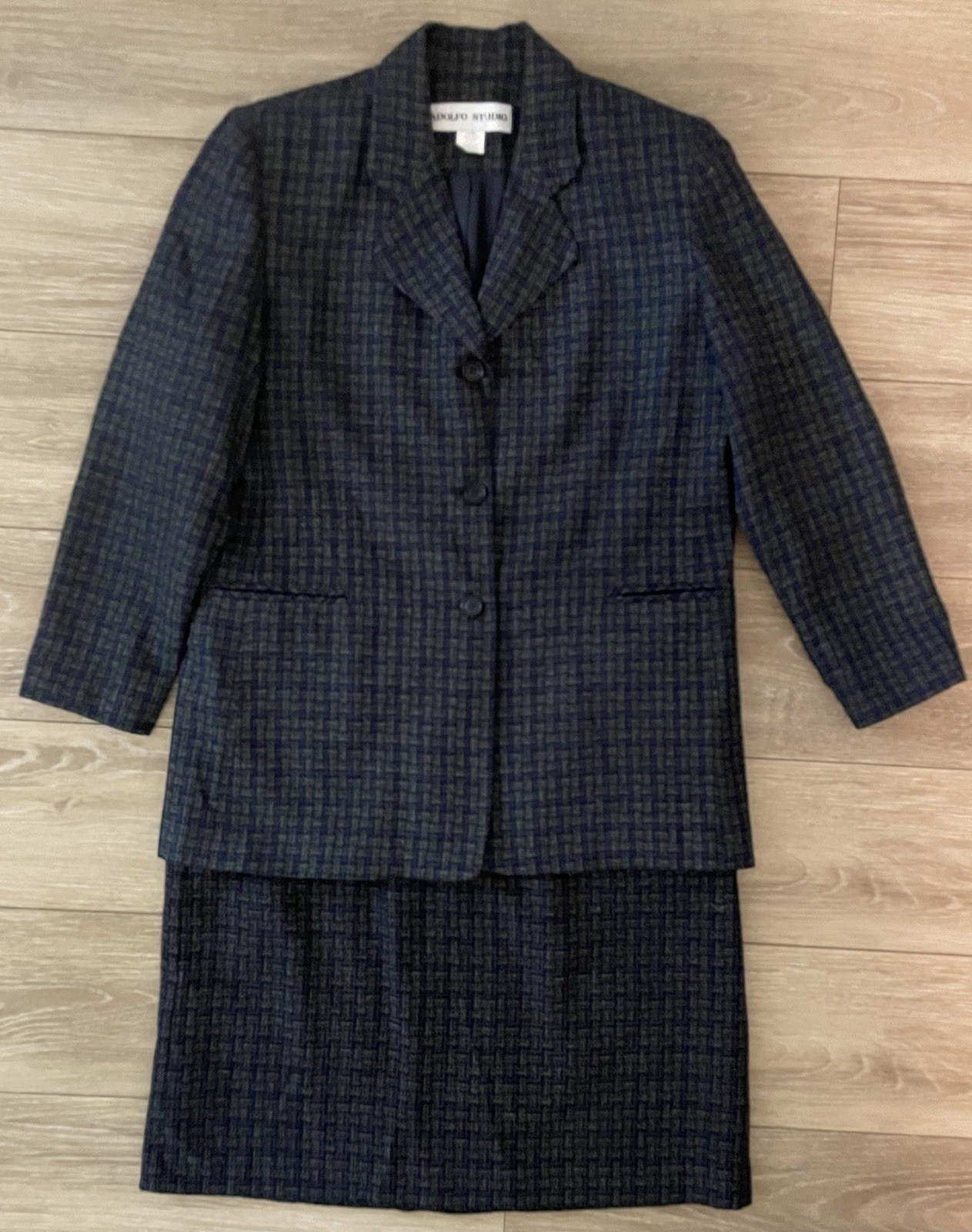 Vtg Adolfo Studio Women’s 2 Piece Tweed Skirt Suit Gray Blue Blazer Work Size 14