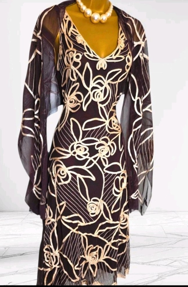 Phase Eight Brown & Cream Tapework Embroidered Occasion Dress + Shawl Size 12