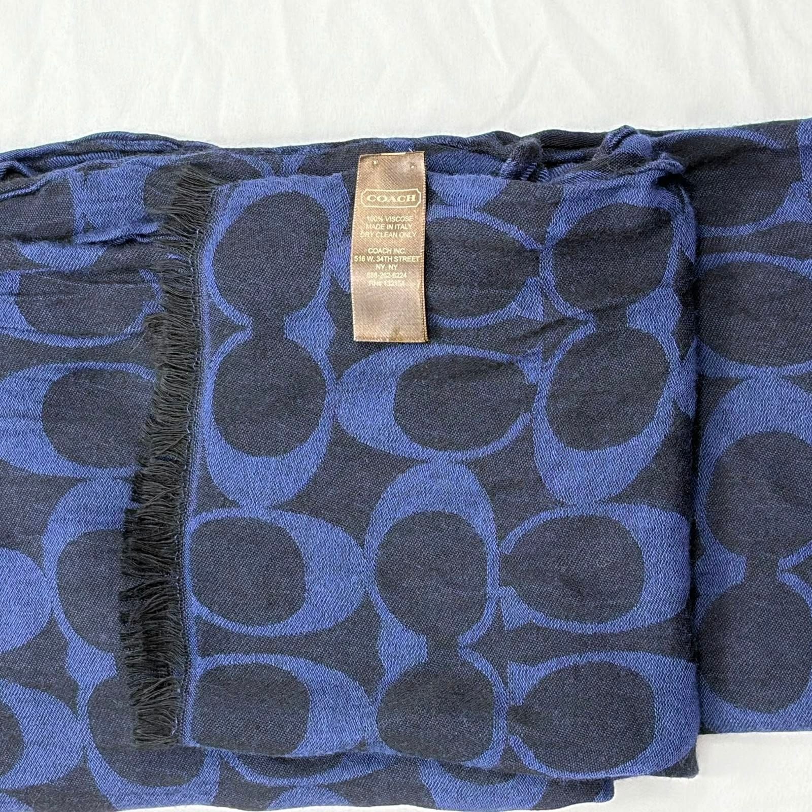 Coach Signature Logo Viscose Fringed Scarf Navy Blue