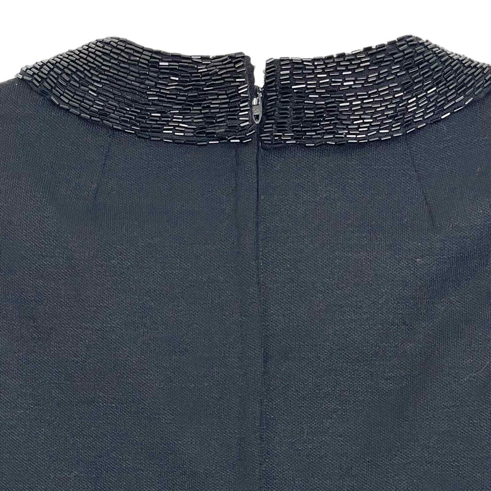 Vintage Black Beaded V-Neck Collar Knit Mid Length Sheath Dress LBD
