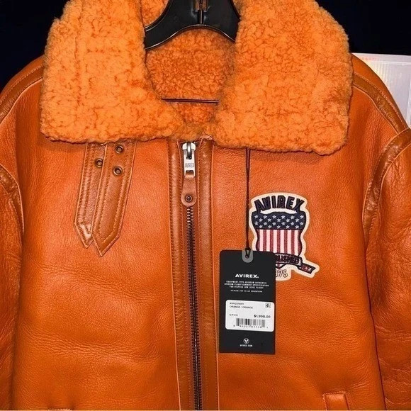 Avirex Mens Orange Leather Shearling B-3 Bomber Flight Jacket Size S to 2Xl