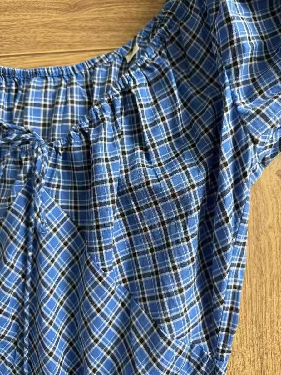 NWT Doen Elegant plaid slim fit long skirt with bubble sleeves and round neck dr