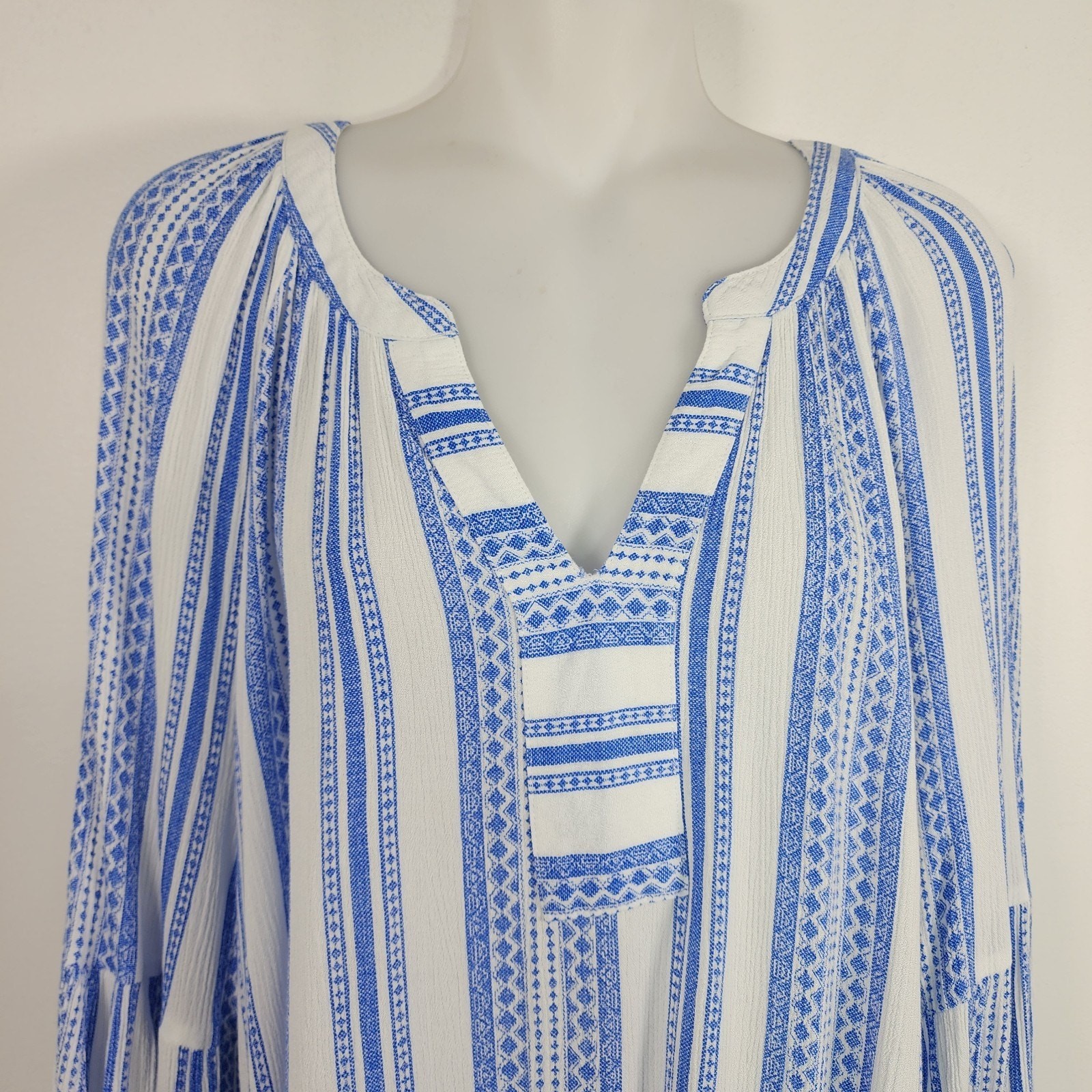 Brina & Em Womens Colter Split Neck Top Blue White Striped 3/4 Sleeve Boho XL