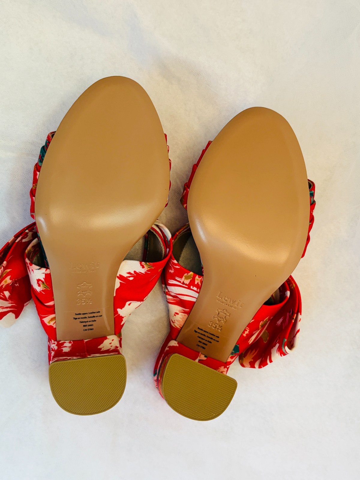 Lewit Rosa Floral Print Bow Mule Pumps Block Heel Red Satin -Size 6 (35 1/2)