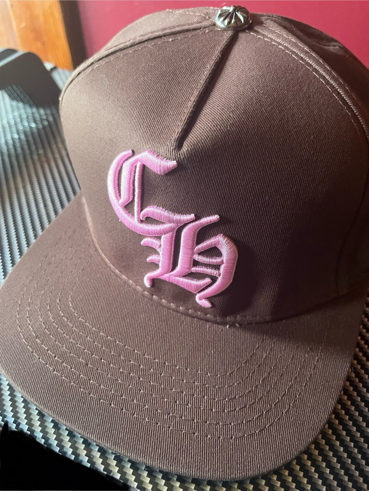 Men’s Baseball Cap Choc brown Pink Embroidery Chrome Top Heart