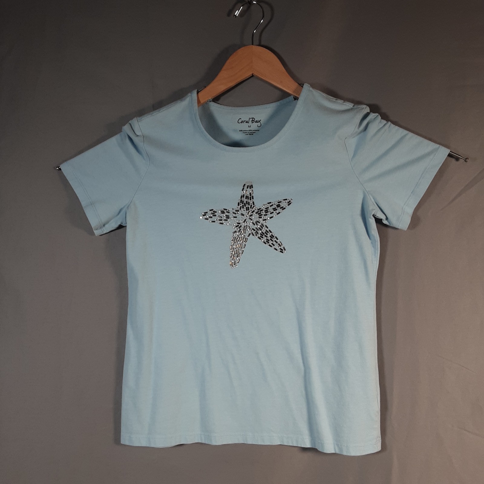 Coral Bay Womens Jewel Embellished Starfish T Shirt Short Sleeve Blue Size M