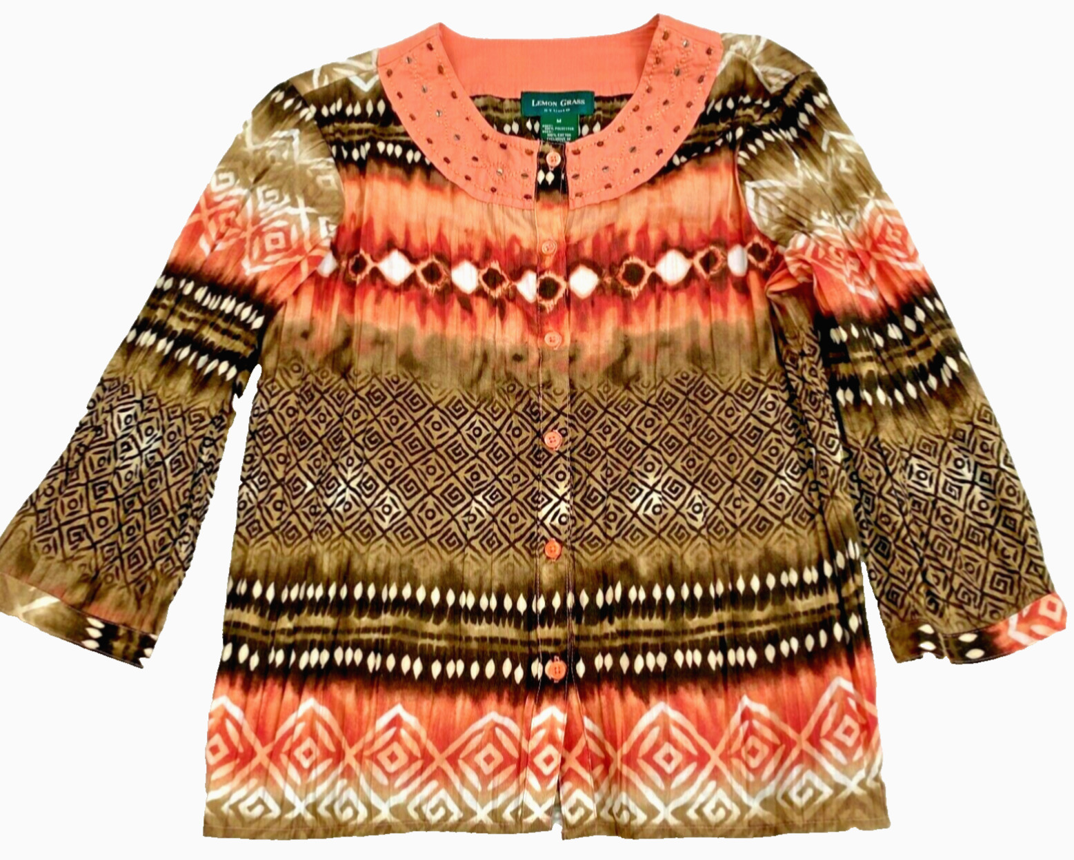 Lemon Grass Womens Blouse Sz M Peach Brown Button Up Beaded Neck 3/4 Sleeve Boho