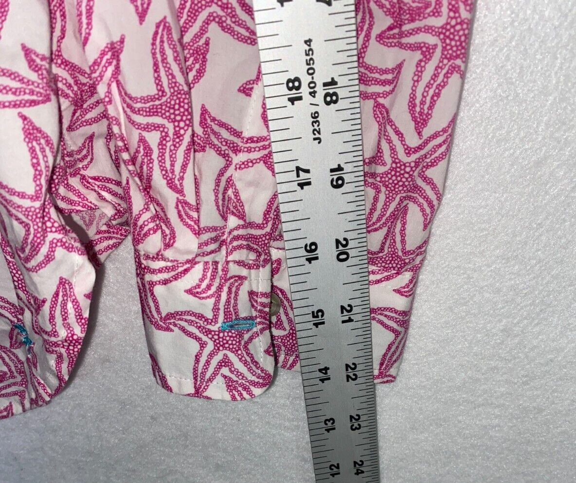 Talbots White Pink Starfish Print Roll Tab Sleeve Button Up Pocket Sz S Petite