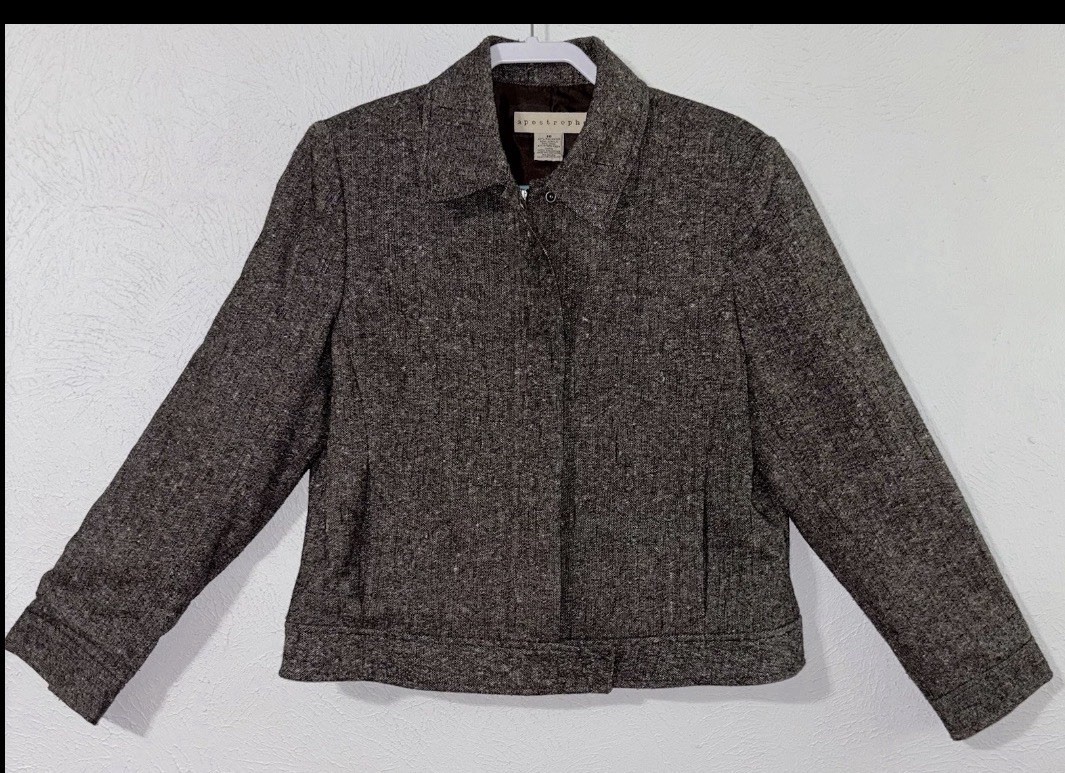 Apostrophe Womens Brown Tweed Wool Blend Zip Front Jacket Tagged 16 Lined
