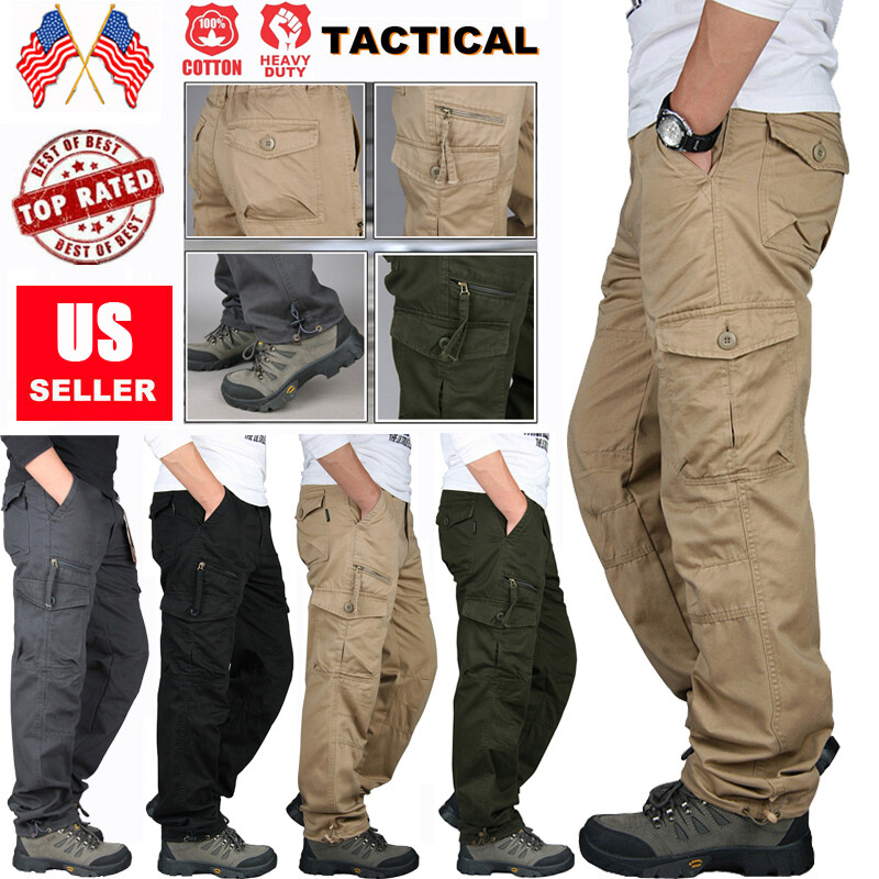 US Men’s Cargo Pants 100% Cotton Work Pant Elastic Waist Trousers Outdoor Pants