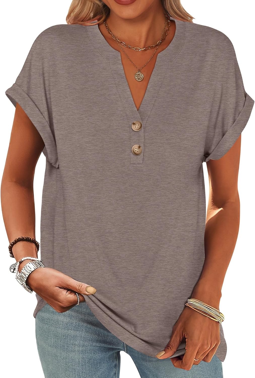 Womens Henley V Neck Short Sleeve Loose Fit Casual Summer Tunic Blouse Top