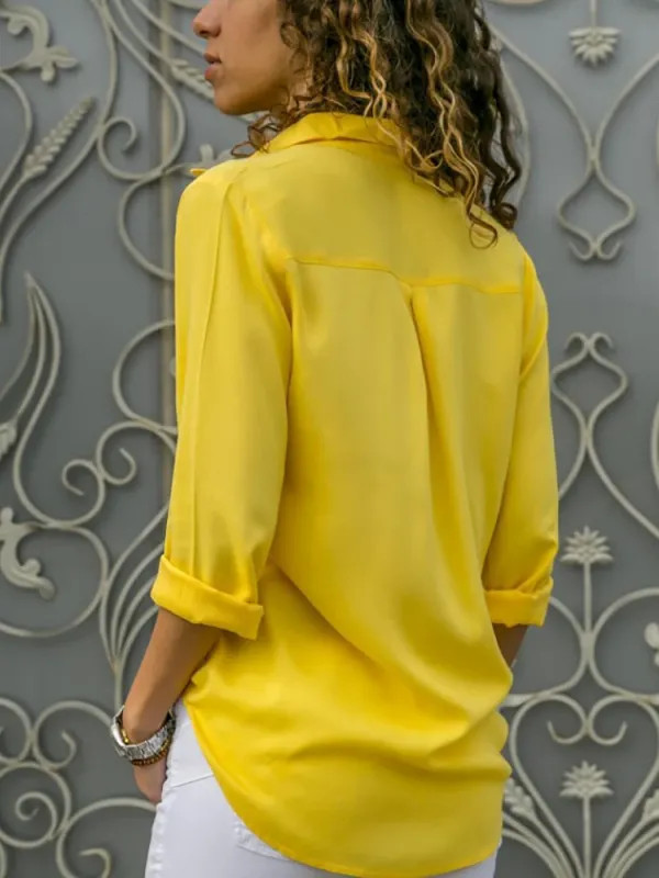 Women Elegant Solid Chiffon Blouse Spring Summer Casual Long Sleeve V Neck Loose