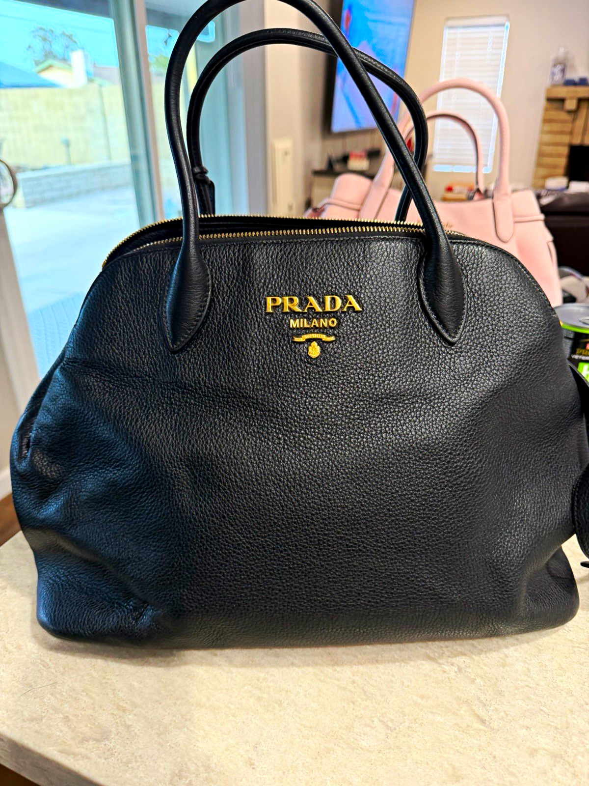 PRADA Black Large Top Handle Bag Double Handles Zip Gold Hardware Logo Charm