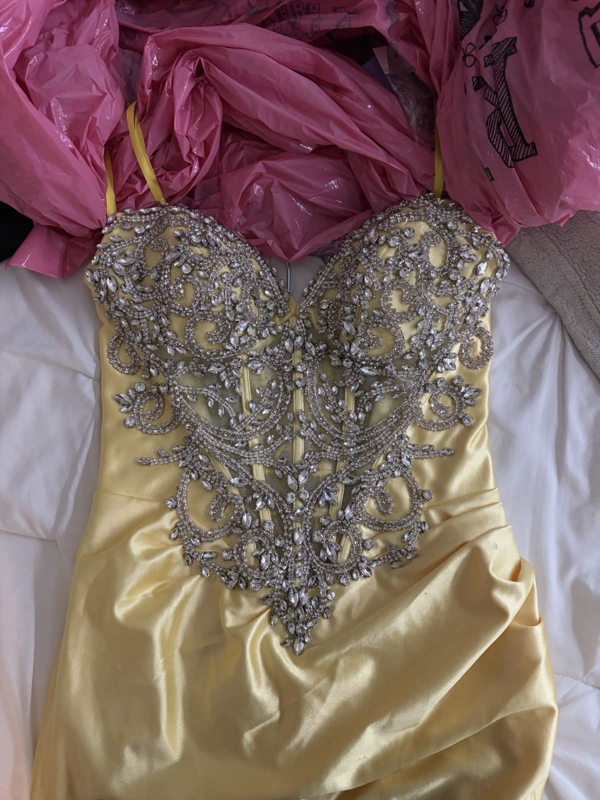 Ladivine by Cinderella Divine Yellow Satin Beaded Mermaid Gown Sweetheart