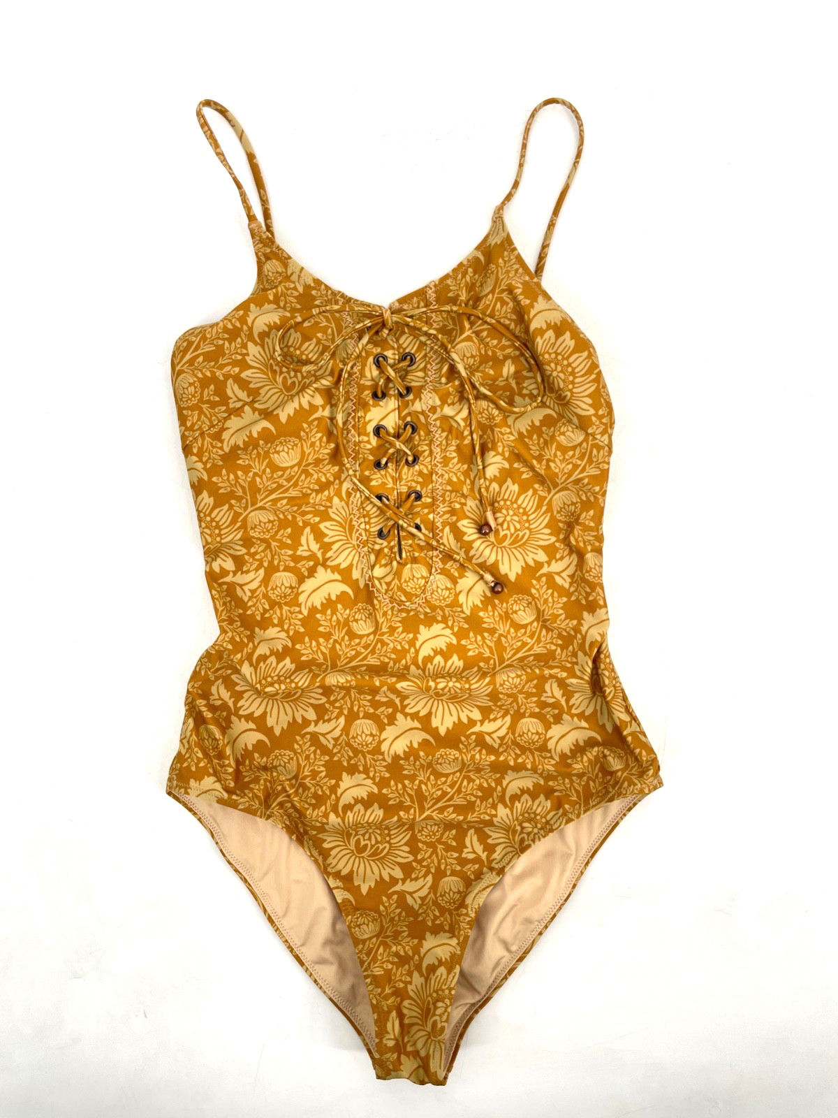 Spell & The Gypsy women size S Lioness One Piece lace-up neck swimsuit Caramel