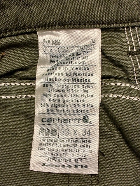 Carhartt FRB 159MOS CAT2 Loose Fit Olive Moss Green Canvas Work Pants Jean 33×34