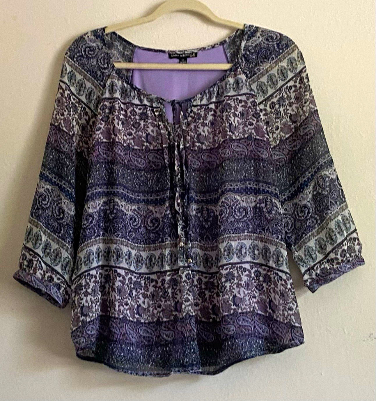 Sara Michelle Women’s PL Petite Purple Paisley Split Neck Tie 3/4 Sleeve Blouse