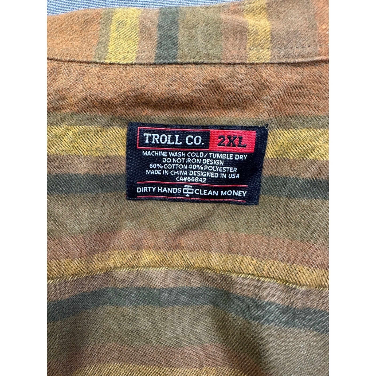 Troll Co Dirty Hands Clean Money Flannel Shirt Men 2XL Striped Snap Front Brown