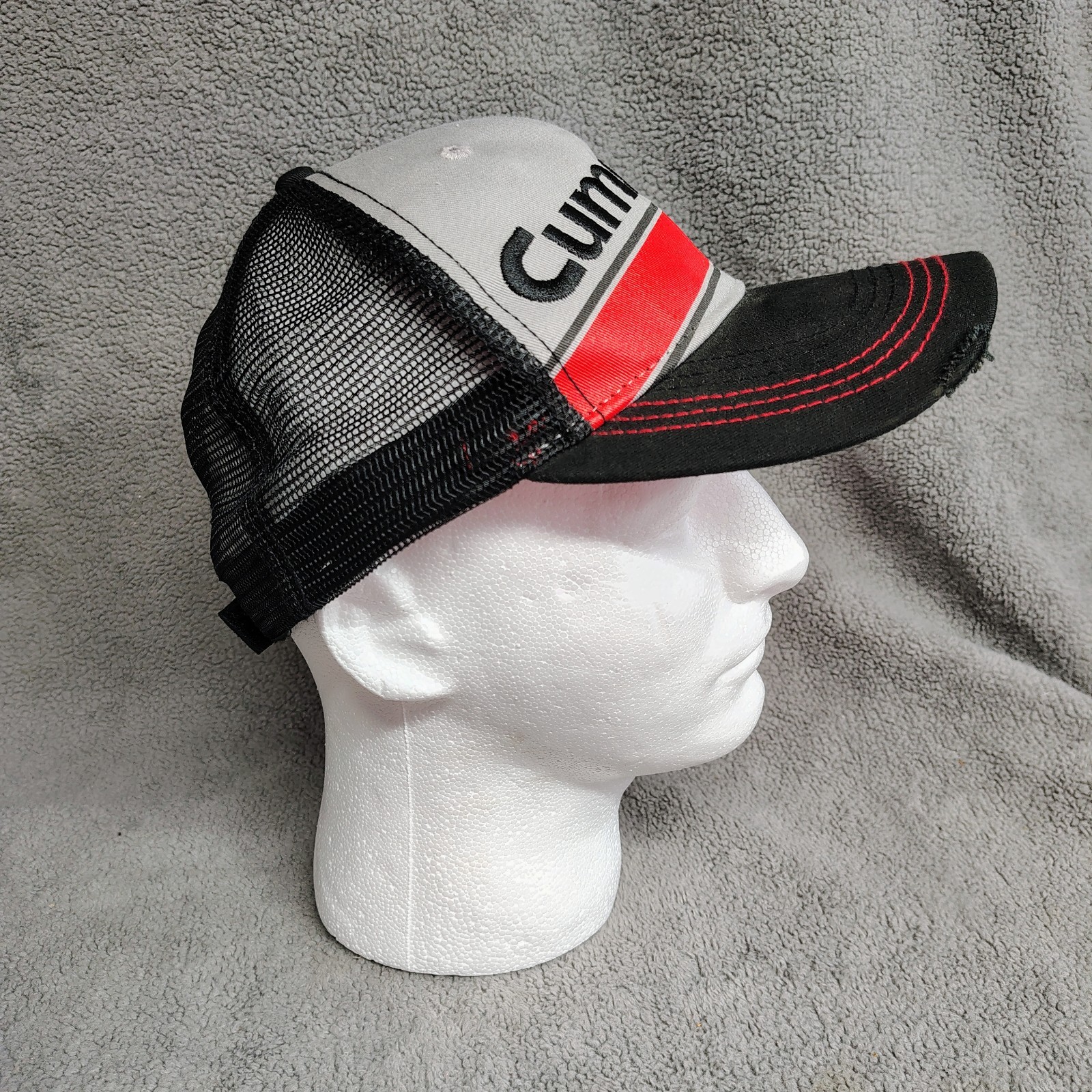 Cummins Trucker Hat Men’s Adjustable Strapback Grey Black Red Distressed Brim