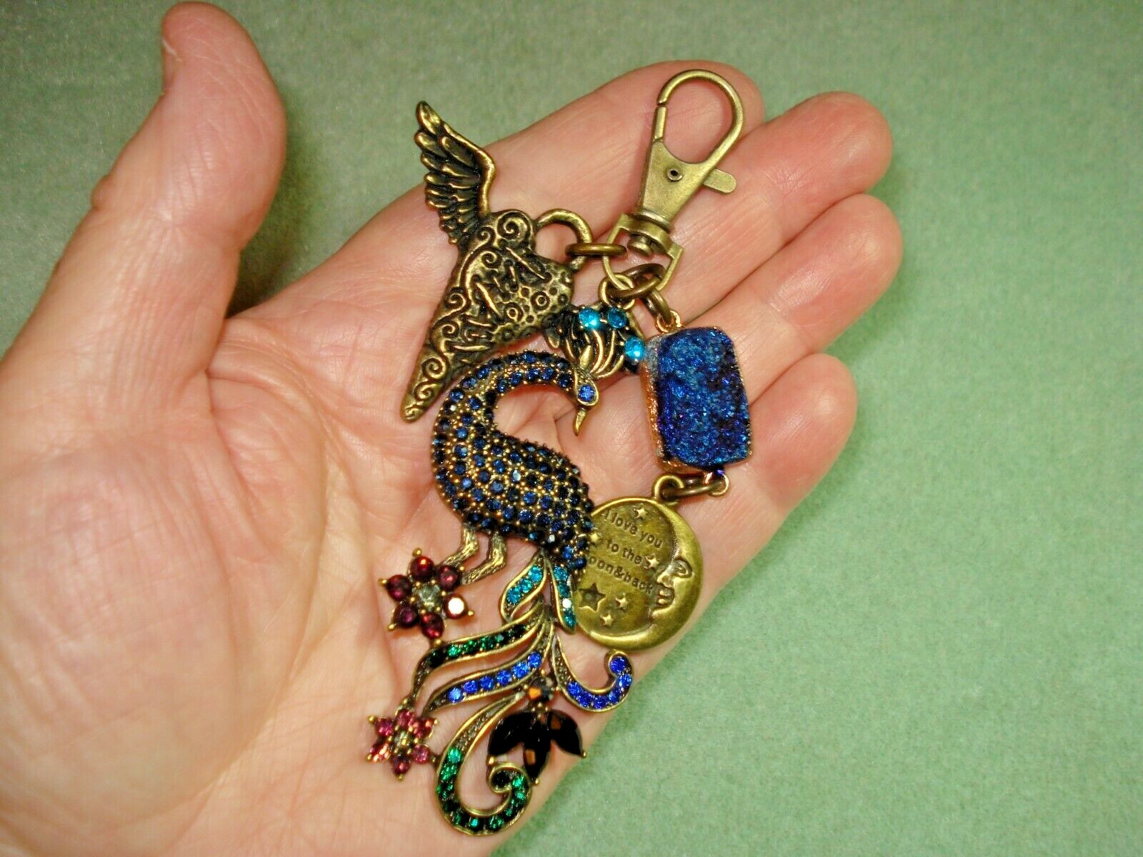 4 3/4″ Drop Royal Blue Peacock, Druzy, Heart, “Love you to the Moon…” Dangle