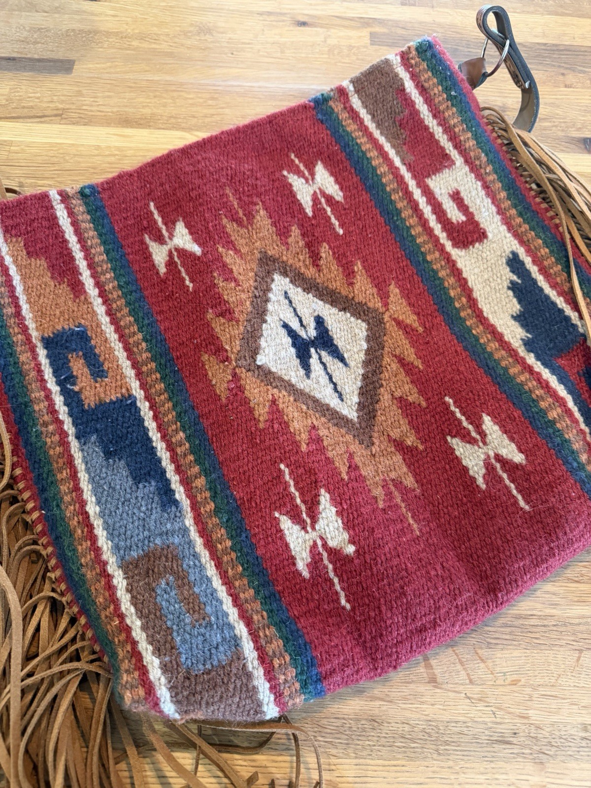 Western Red Multicolor Saddle Blanket Shoulder Bag. Leather Fringe