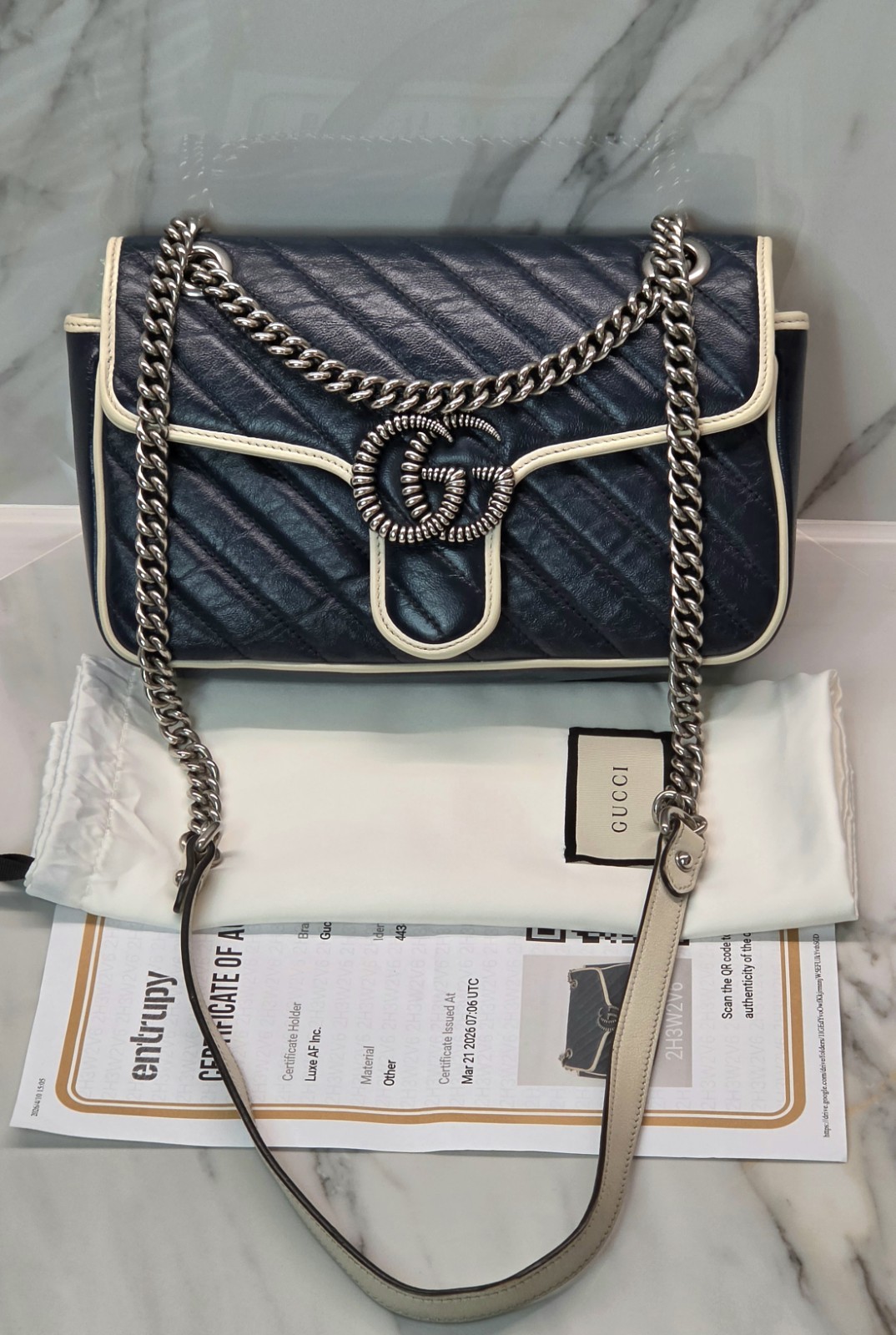 Gucci GG Vintage Effect Marmont Blue Chevron Matelasse Shoulder Bag MSRP: $2,590