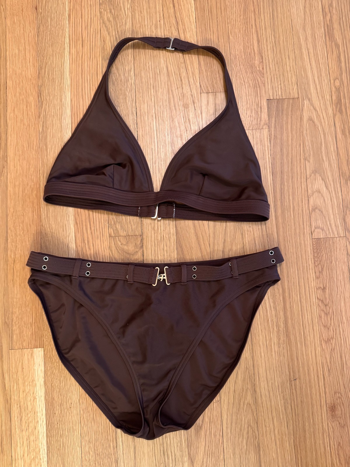 Vintage Y2K Brown Bikini Swimsuit Set Halter Top Belted Bottoms Large