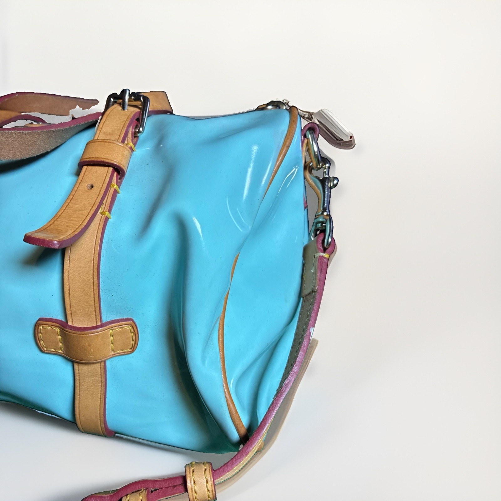 Dooney & Bourke Y2K Light Blue Patent Leather Satchel Bag Red Trim Crossbody