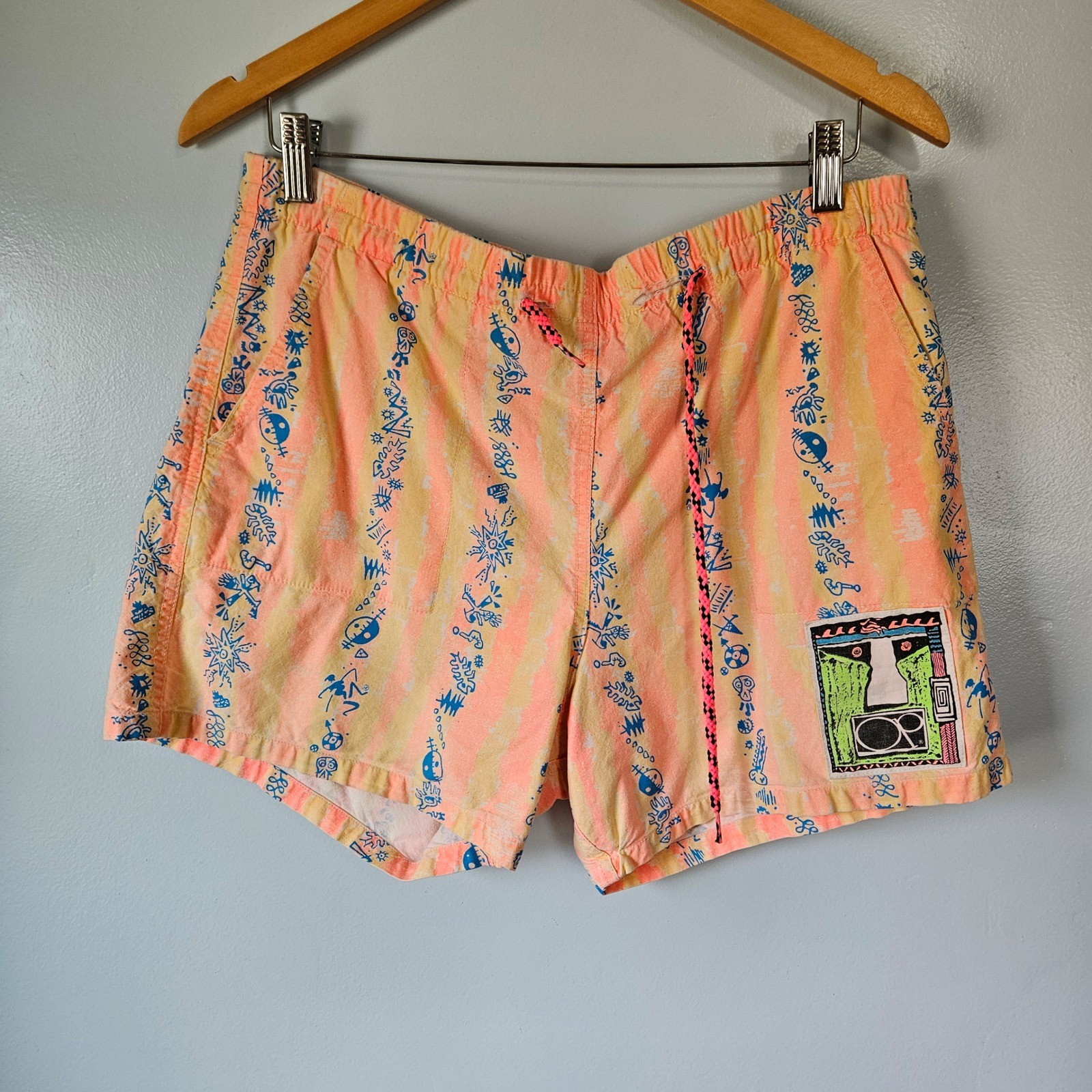 Vintage 80s 90s Ocean Pacific OP Neon Tribal Striped Swim Trunks Mens Medium