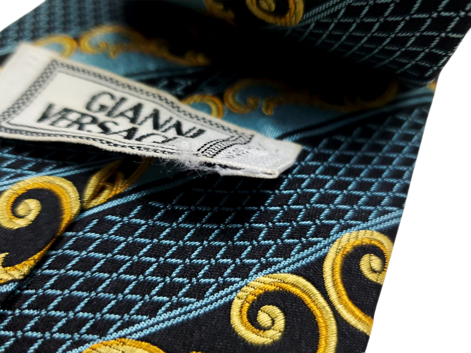 Gianni Versace Vintage made in ITALY 100% Silk Tie Mens Teal Blue Black Gold NEW