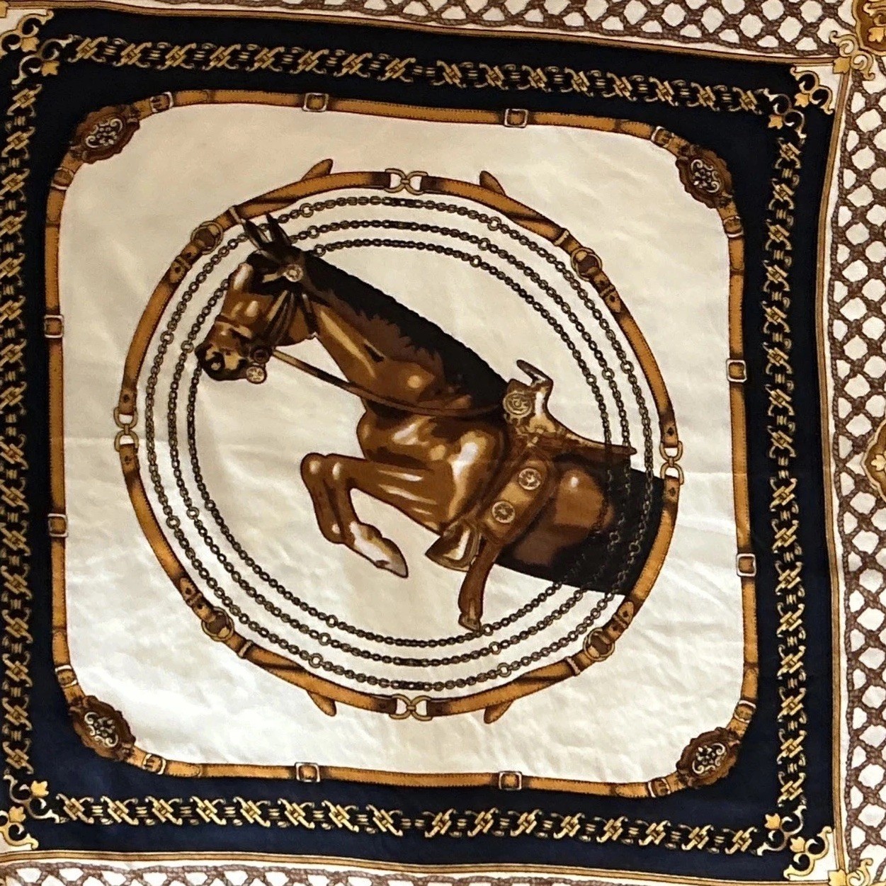 Scarf 100% Silk Gold Navy Blue And Beige Equestrian Scarf 20 Inches By 20 Inches