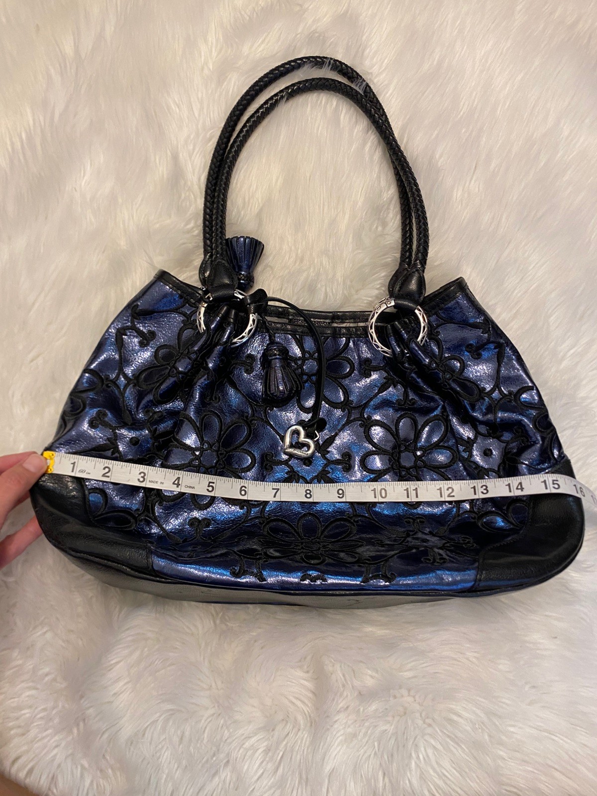 Brighton Valencia Sapphire Blue Metallic Leather Embroidered Flowers EUC