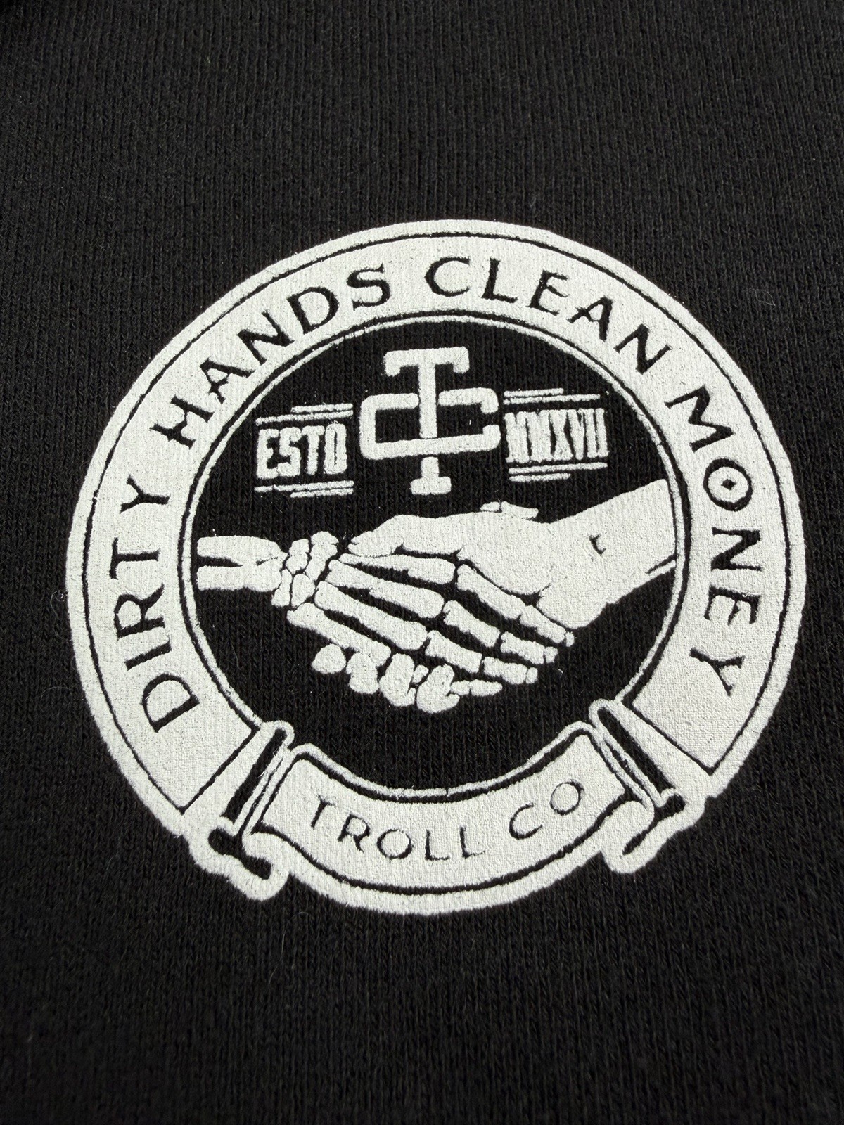 Troll Co Hoodie Black Dirty Hands Clean Money Pullover Retro Logo Mens M EUC