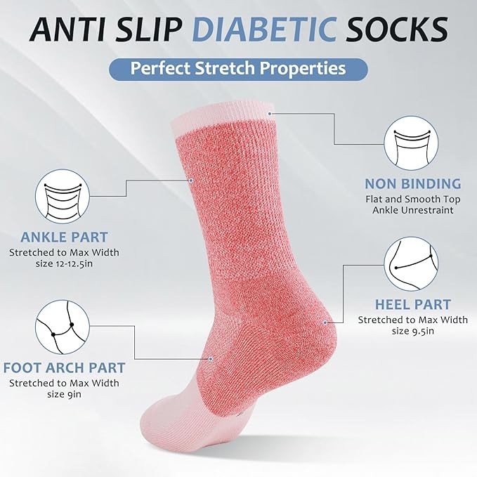 6 Pairs Diabetic Socks – Non-Binding Crew, Seamless Toe for Men/Women, Size 6–12
