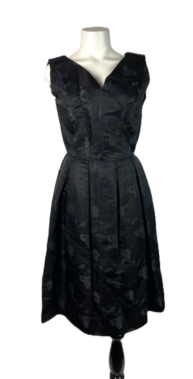 VTG 50s Black Silk blend Rose Jacquard Sleeveless Fit Flare Dress R&K, S/M