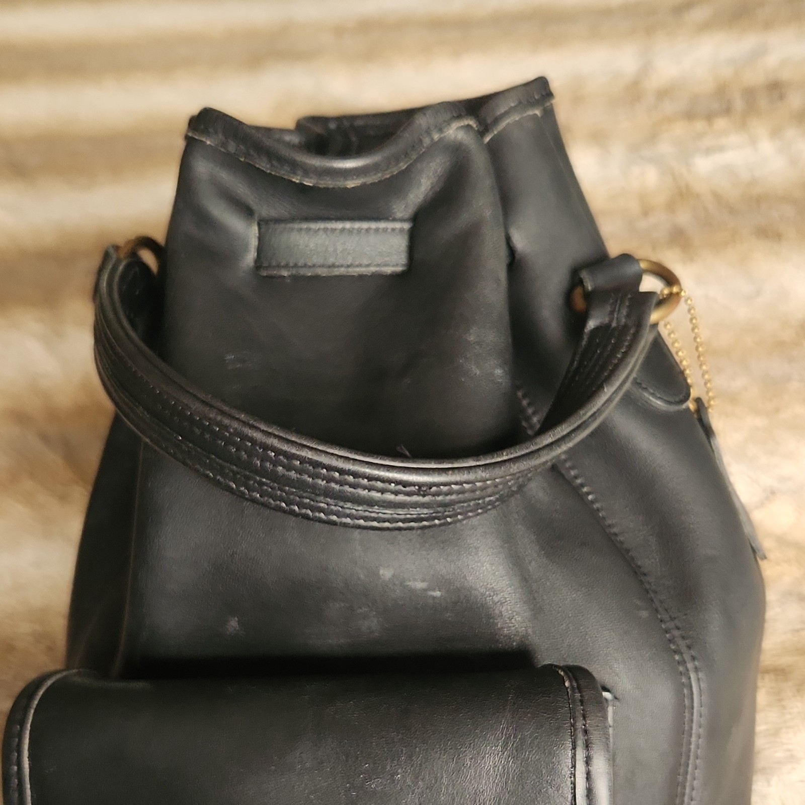 Coach Black Bucket Backpack, Drawstring & Turn Lock, Brass Hardware, Charm, 9992