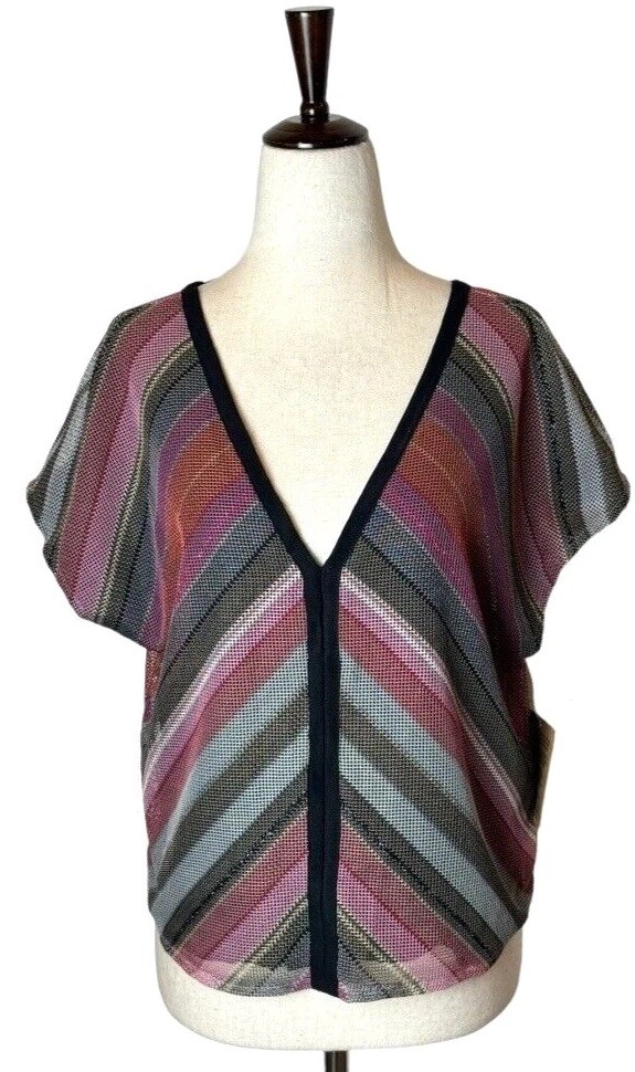 Rachel Roy Shirt Women Small Purple Black Striped Mariposa Metallic Top NWT